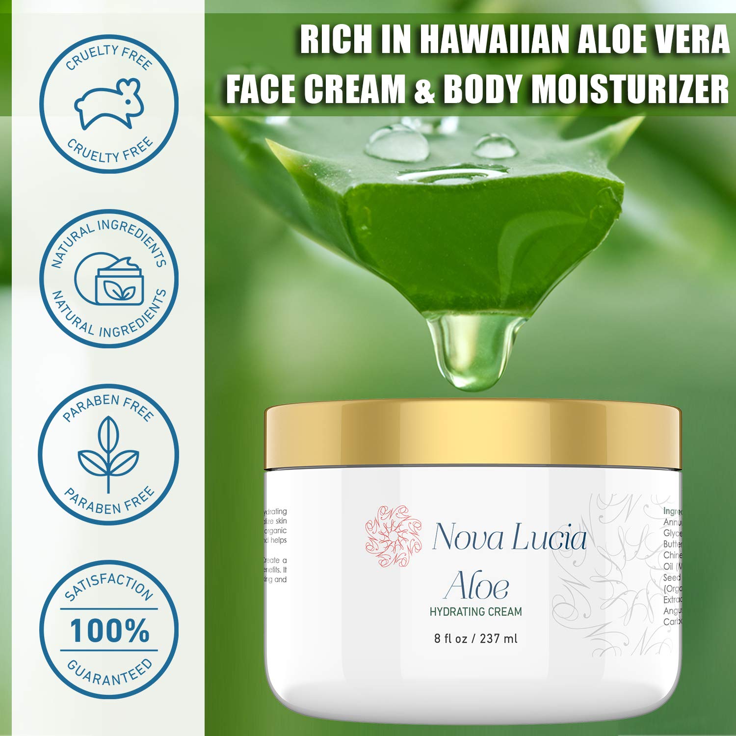 Nova Lucia Aloe Vera Cream texture being smoothed on skin for fast absorption.
