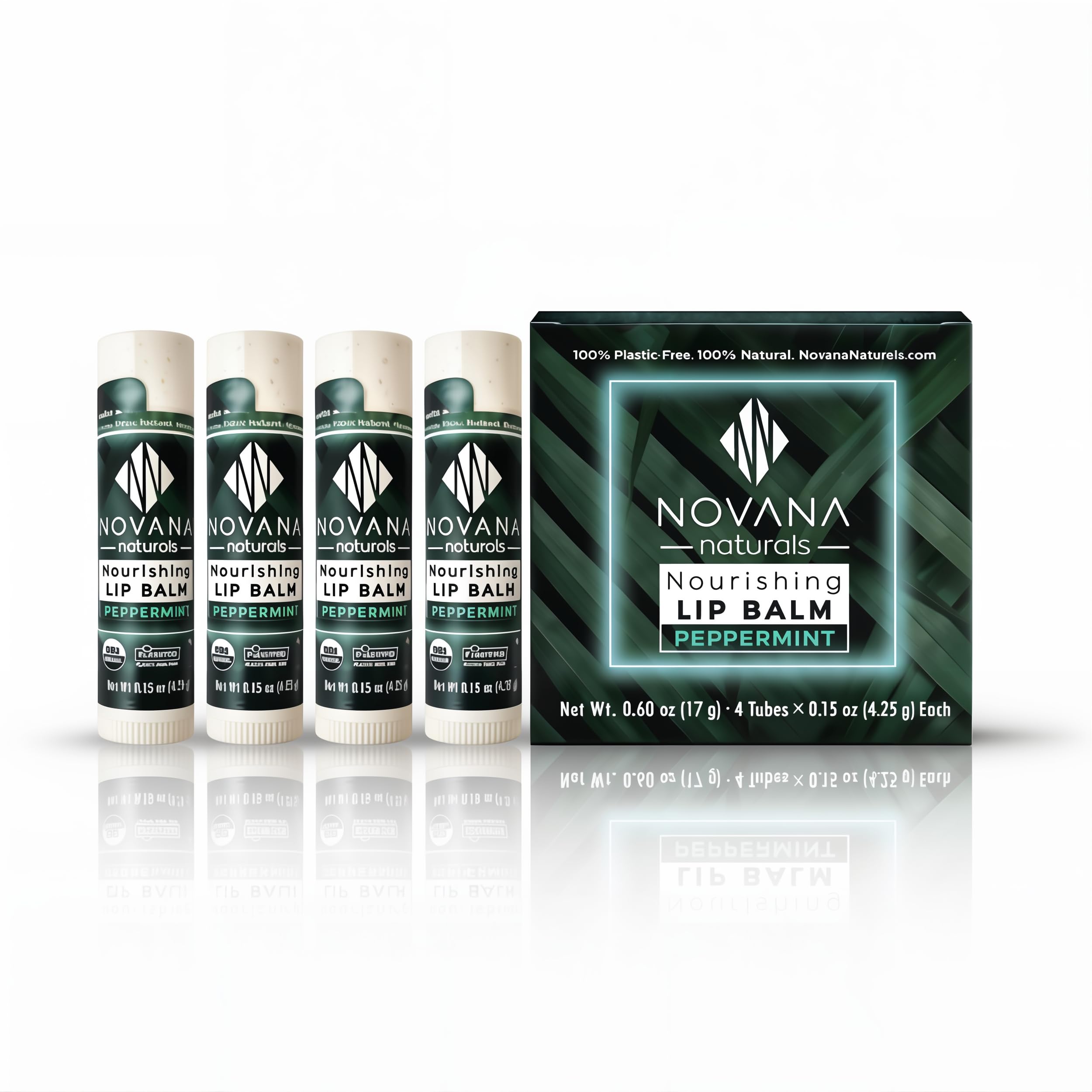 Novana Naturals Nourishing Lip Balm outer packaging highlighting clean ingredients and hydration