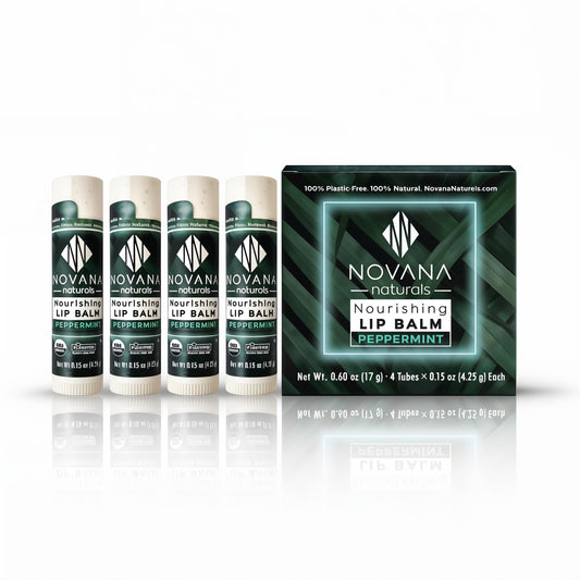 Novana Naturals Nourishing Lip Balm outer packaging highlighting clean ingredients and hydration