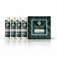 Novana Naturals Nourishing Lip Balm outer packaging highlighting clean ingredients and hydration