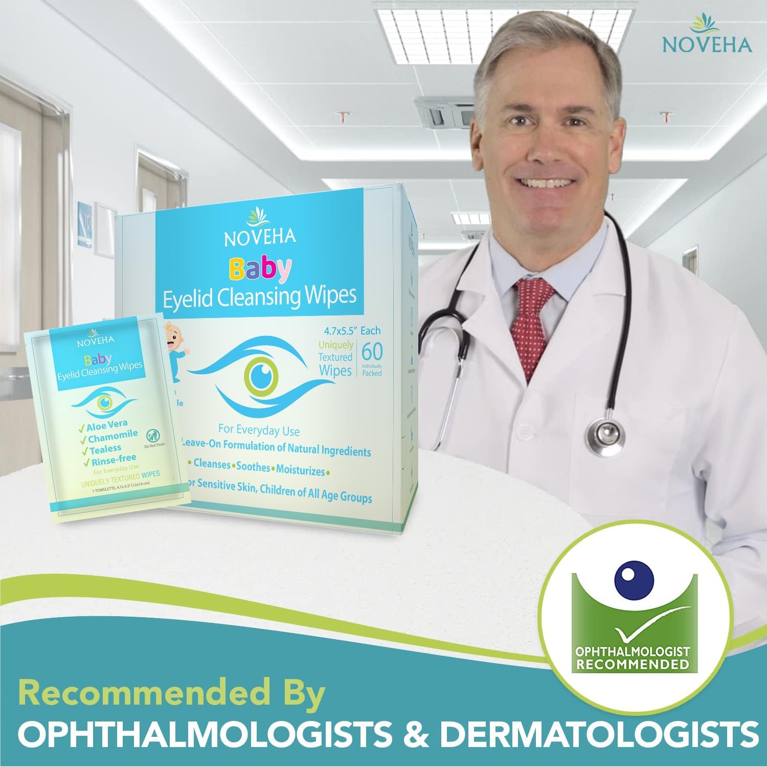 NOVEHA daily eye care wipes suitable for infants and toddlers.