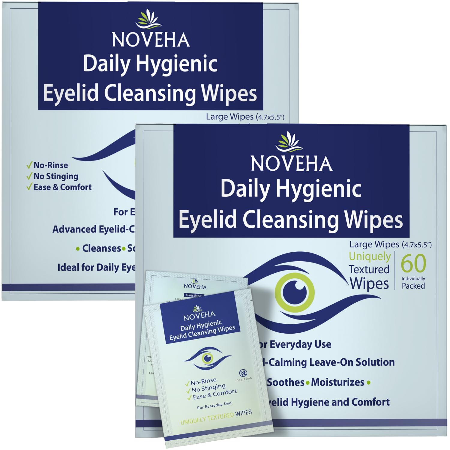 NOVEHA daily eyelid wipes for at-home hygiene and makeup removal.
