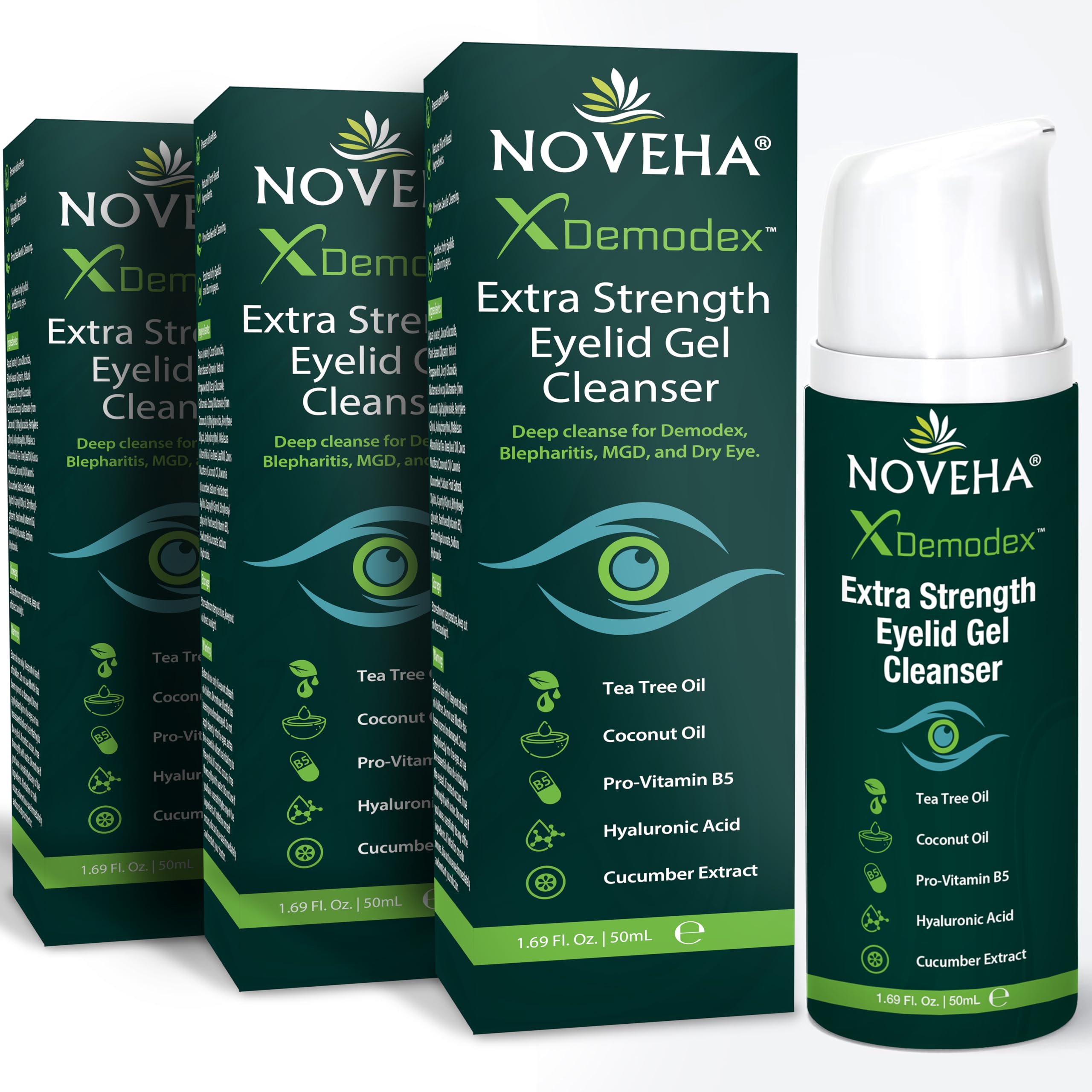 NOVEHA Demodex Eyelid Gel Cleanser bottle for gentle eyelid cleansing and dry eye relief