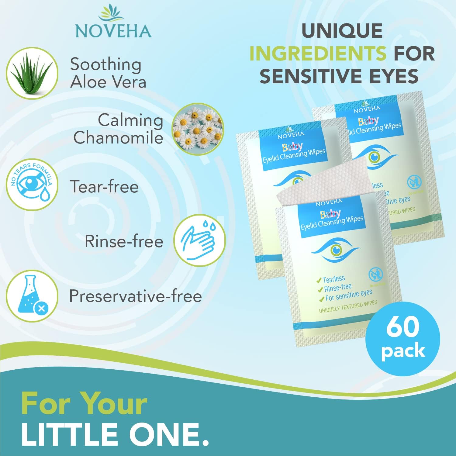 NOVEHA natural eyelid wipes with aloe vera and chamomile for sensitive eyes.