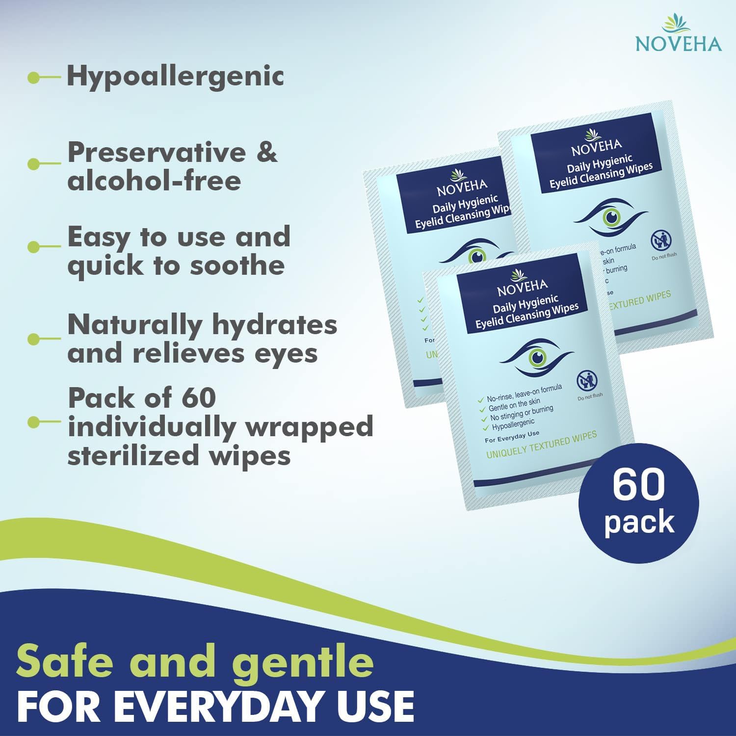 NOVEHA wipes are doctor-recommended for gentle eye hygiene routines.