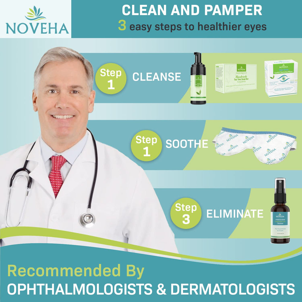NOVEHA Tea Tree Oil Foaming Cleanser packaging shows dermatologist recommendation.