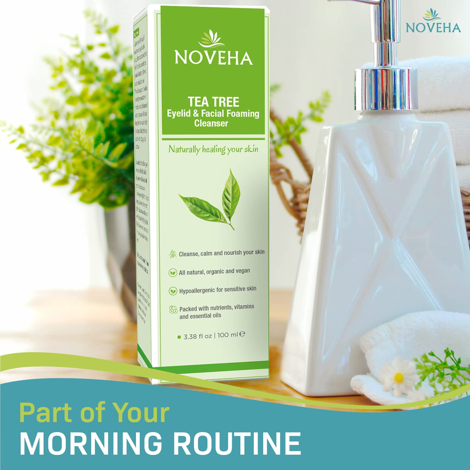 NOVEHA Tea Tree Oil Foaming Cleanser ready for eyelid cleansing routine.