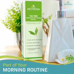 NOVEHA Tea Tree Oil Foaming Cleanser ready for eyelid cleansing routine.