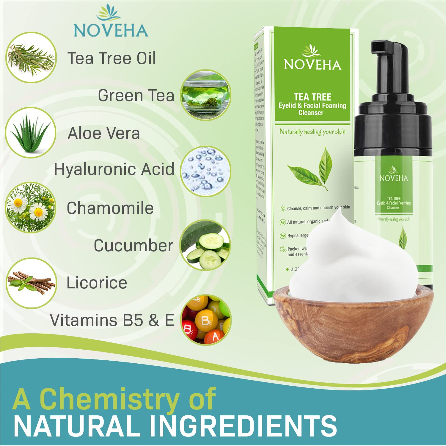 NOVEHA Tea Tree Oil Foaming Cleanser close-up shows soft foam for sensitive eyes.