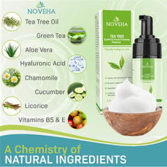 NOVEHA Tea Tree Oil Foaming Cleanser close-up shows soft foam for sensitive eyes.