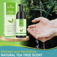 NOVEHA Tea Tree Oil Foaming Cleanser close-up highlights the gentle formula.