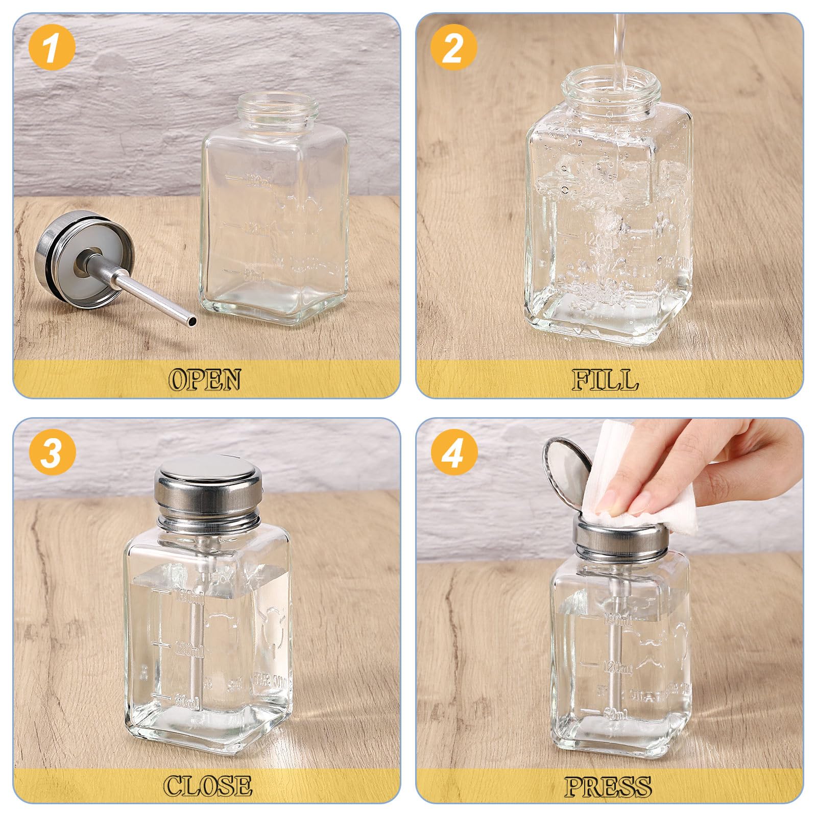 Noverlife flip-top cap glass bottle keeps remover secure and mess-free