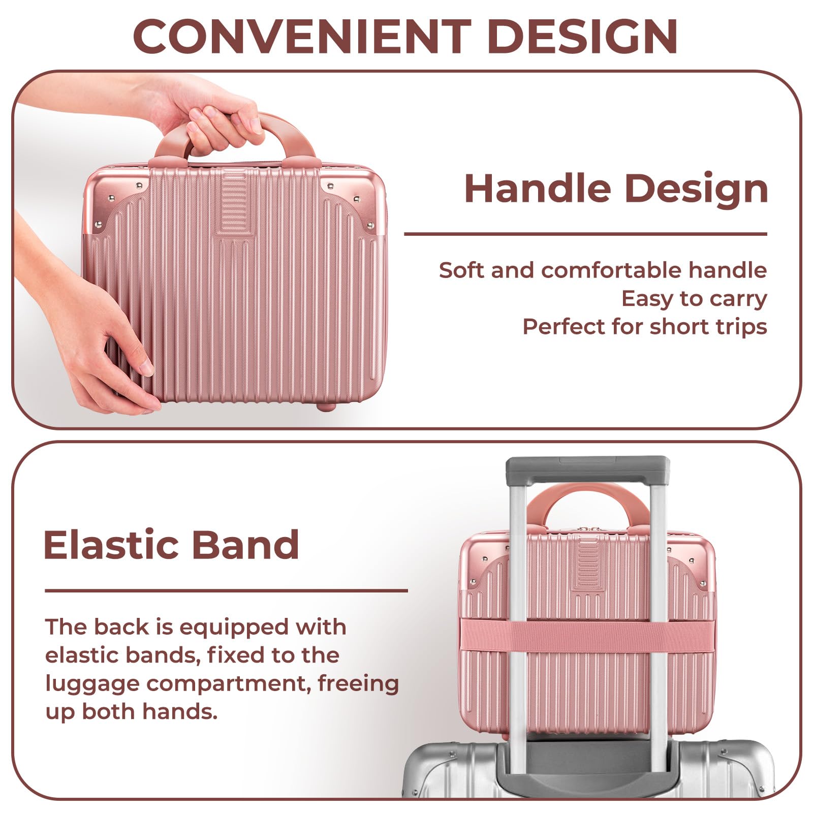 Noverlife rose gold makeup case close-up material shows durable shell.