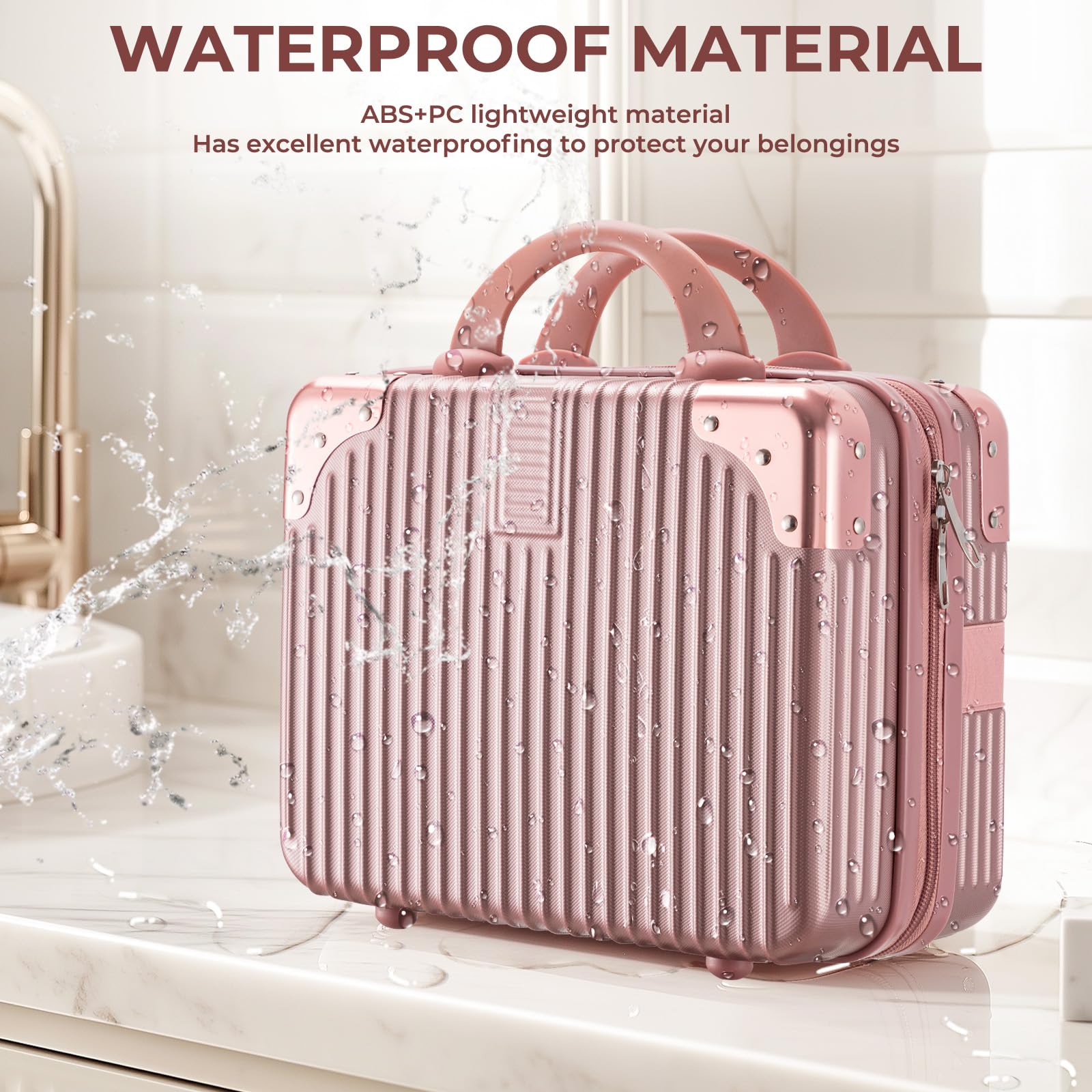 Noverlife rose gold makeup case back elastic band for attaching to luggage.