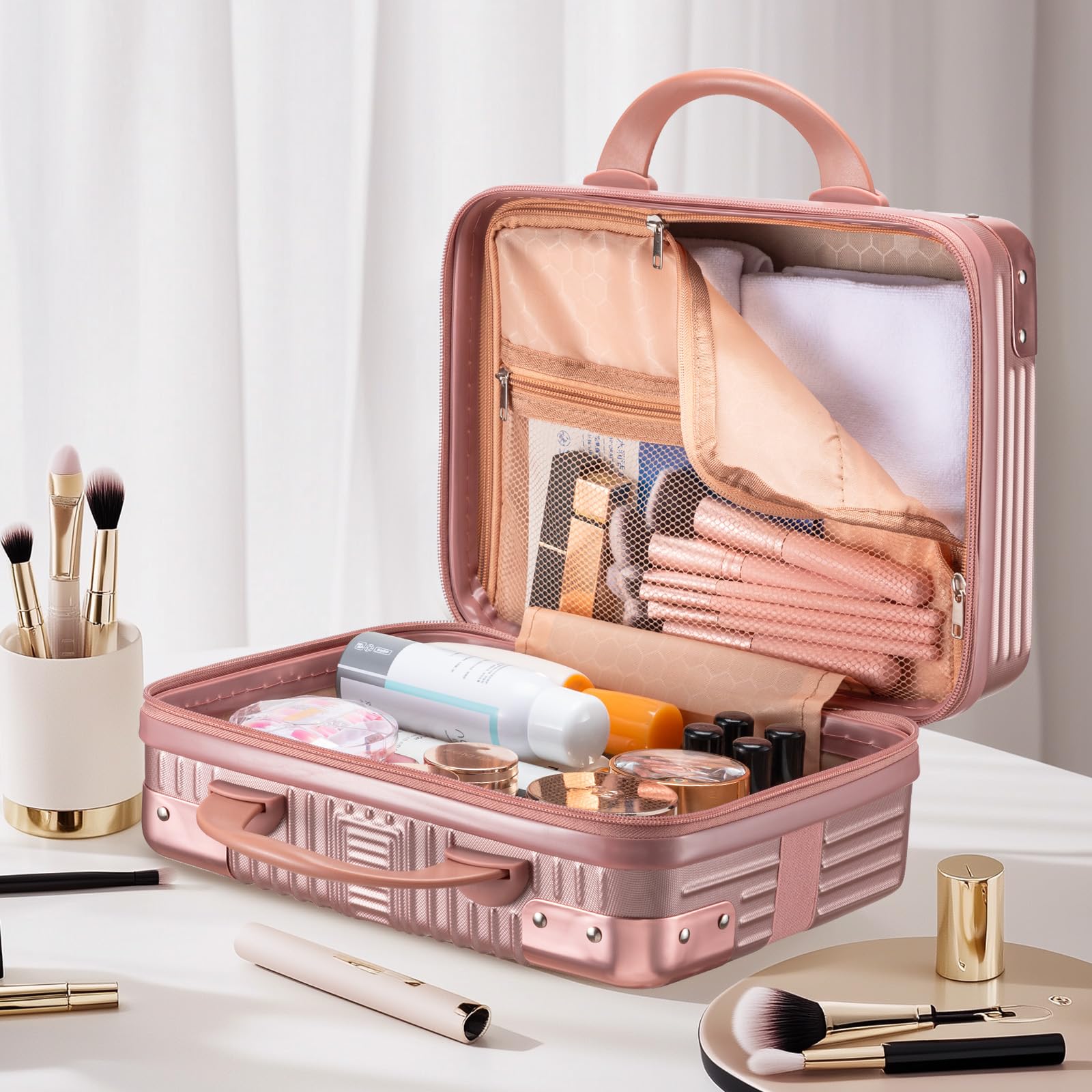 Noverlife rose gold makeup case travel-size shell keeps items protected.
