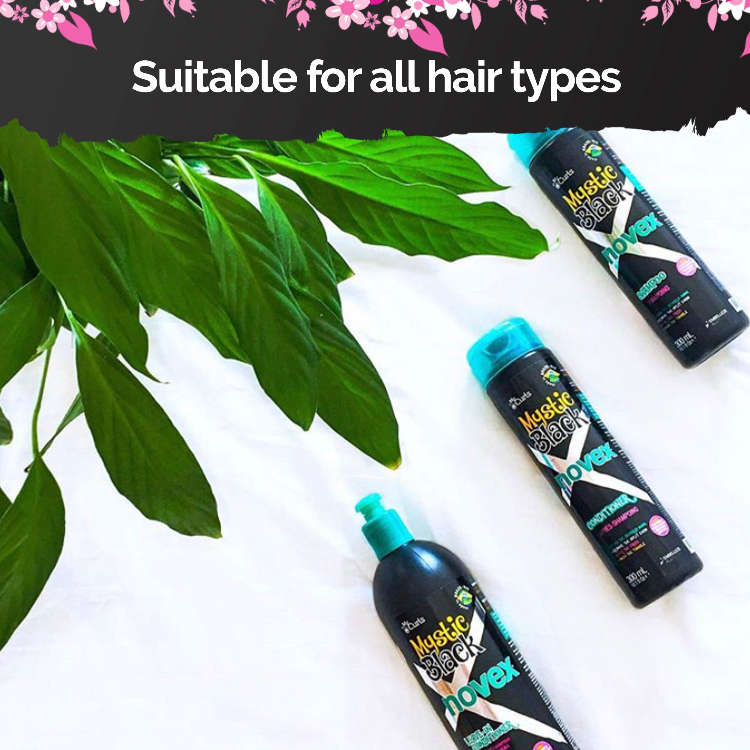 NOVEX Mystic Black Conditioner bottle close-up for smoother, manageable hair.