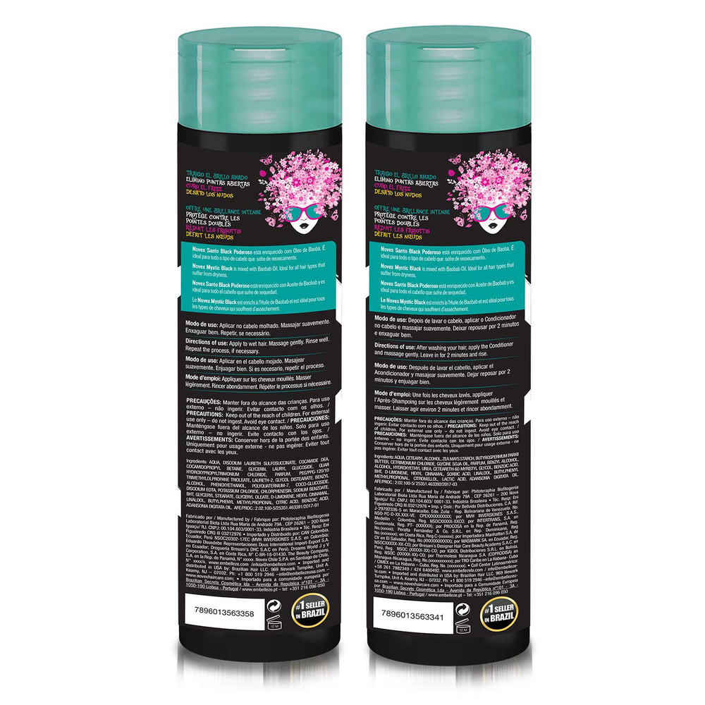 NOVEX Mystic Black conditioner bottle — helps seal moisture and smooth strands.