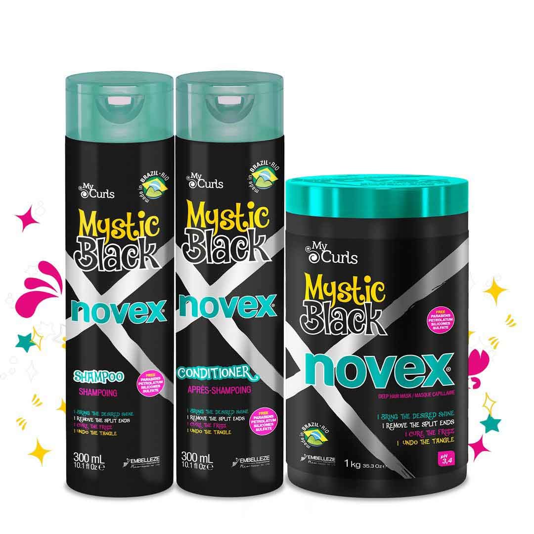 NOVEX Mystic Black Conditioner bottle ready to dispense for detangling shine.
