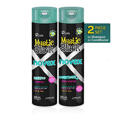NOVEX Mystic Black shampoo bottle — locks in moisture for longer, for soft, manageable hair.