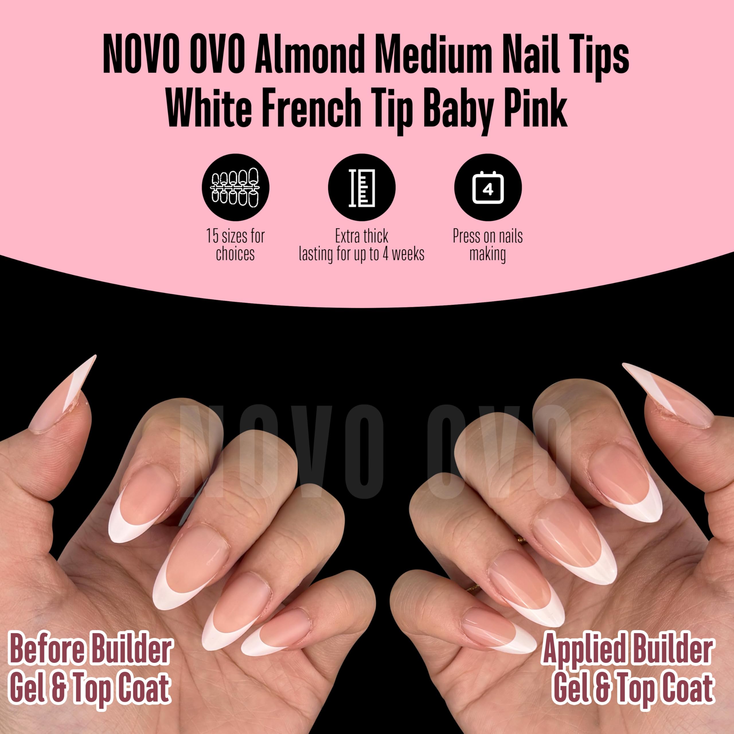 NOVO OVO 15-size nail tips with pre-filed cuticle ends for easy application