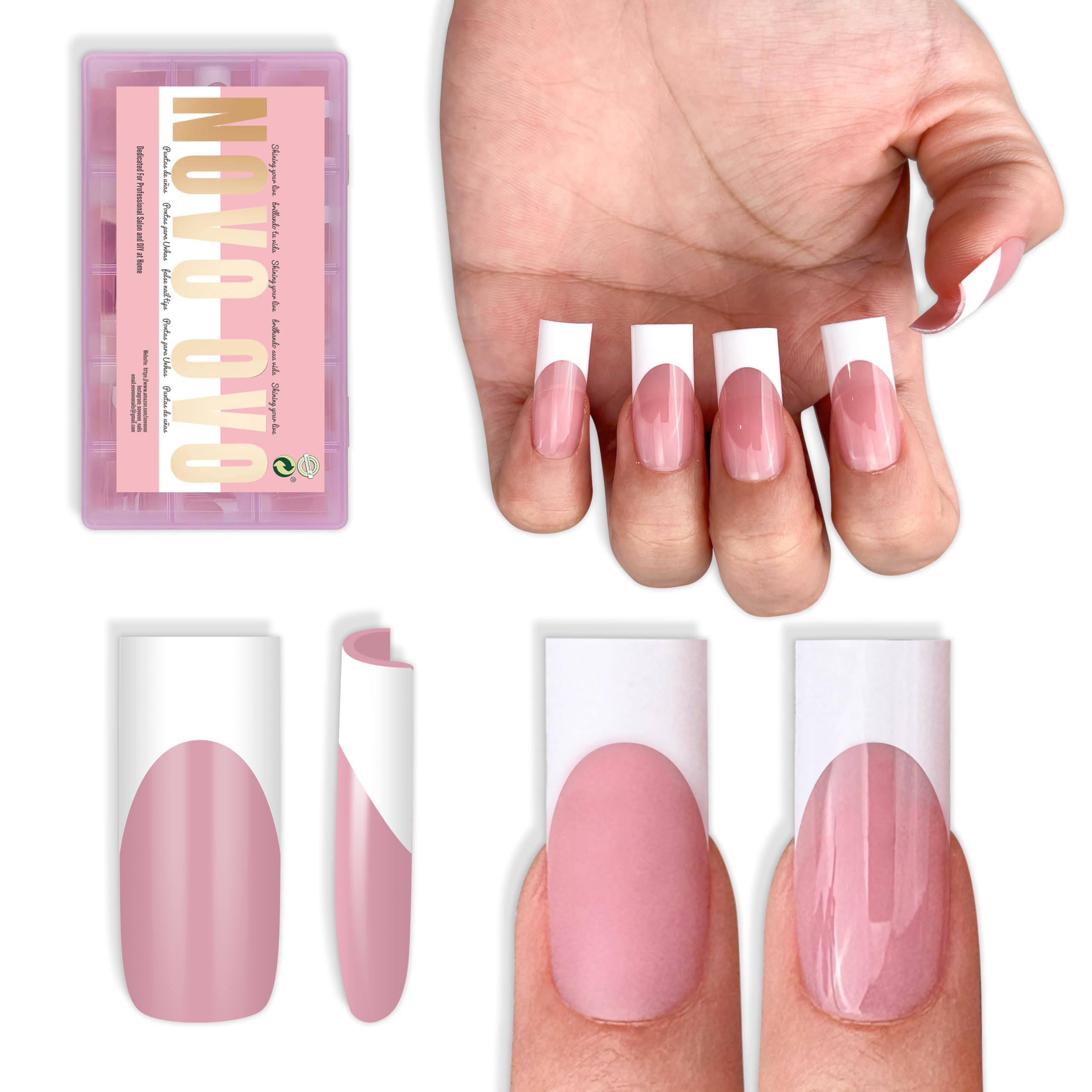 NOVO OVO Berry Pink medium sharp square nail tips for quick at home French manicure