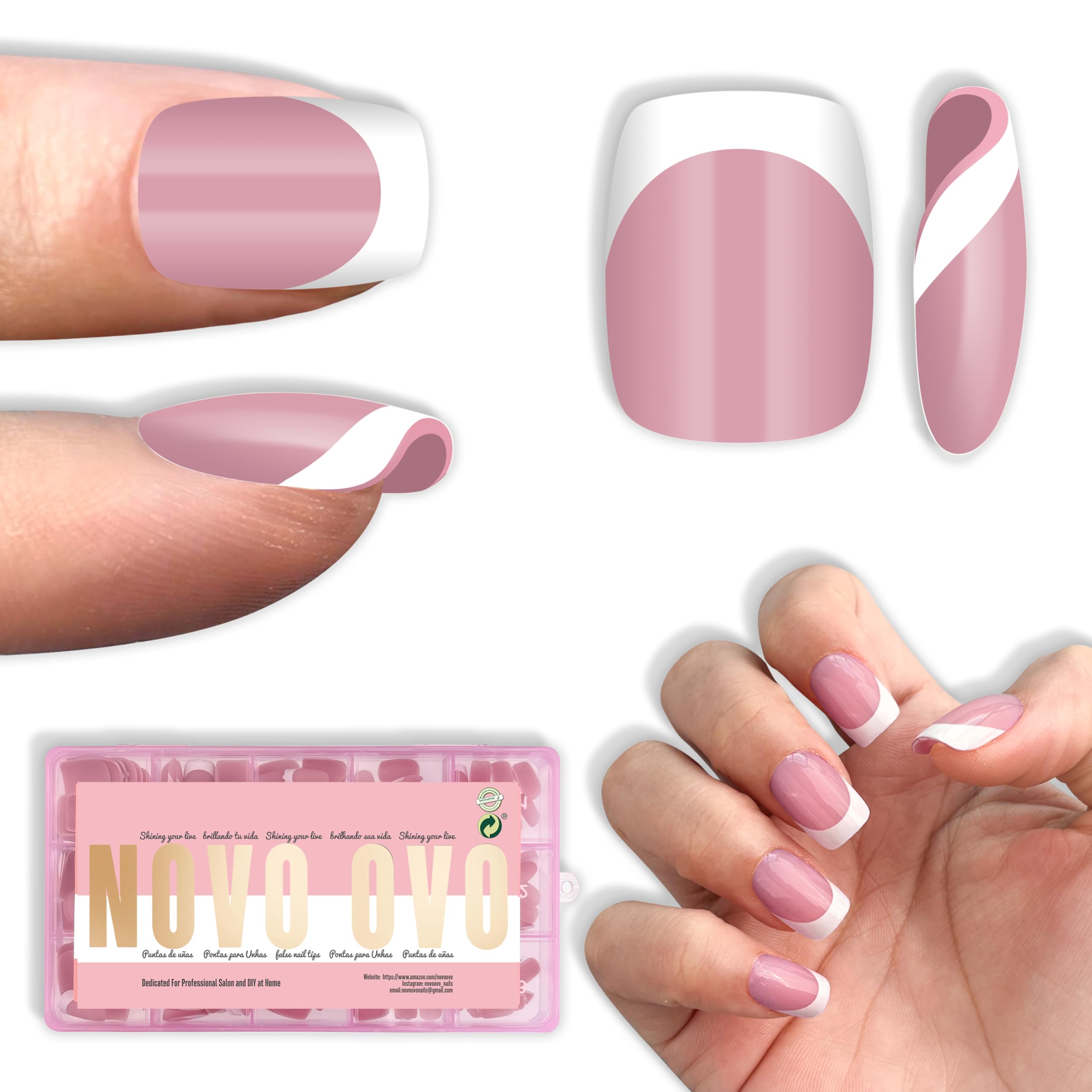 NOVO OVO berry-pink short square round nails on hand for at-home salon-quality manicure.