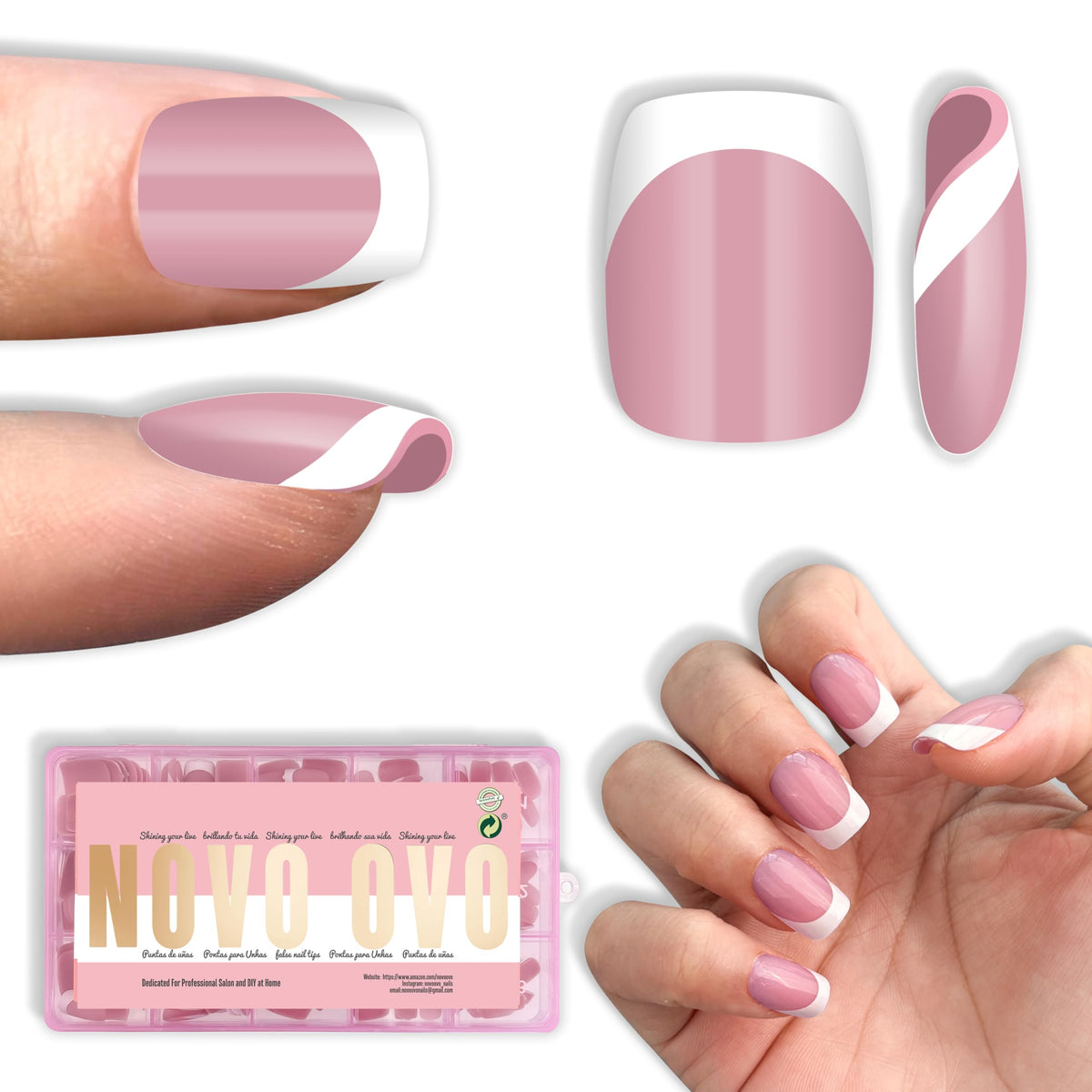 NOVO OVO berry-pink short square round nails on hand for at-home salon-quality manicure.
