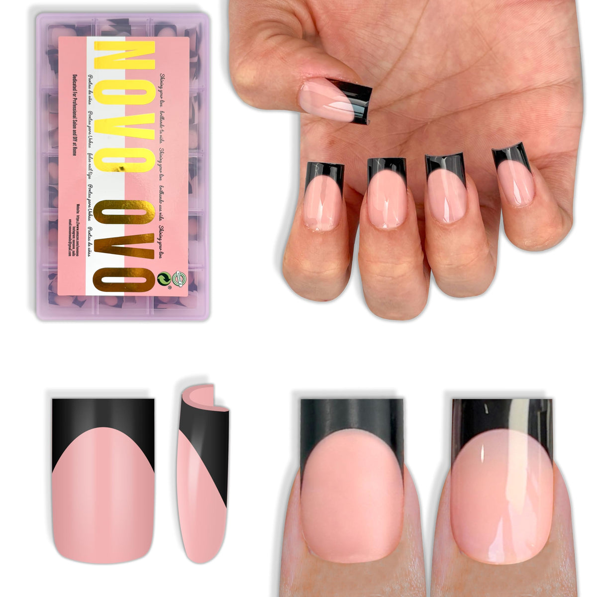 NOVO OVO black French tip nails close-up in baby pink for salon-ready look