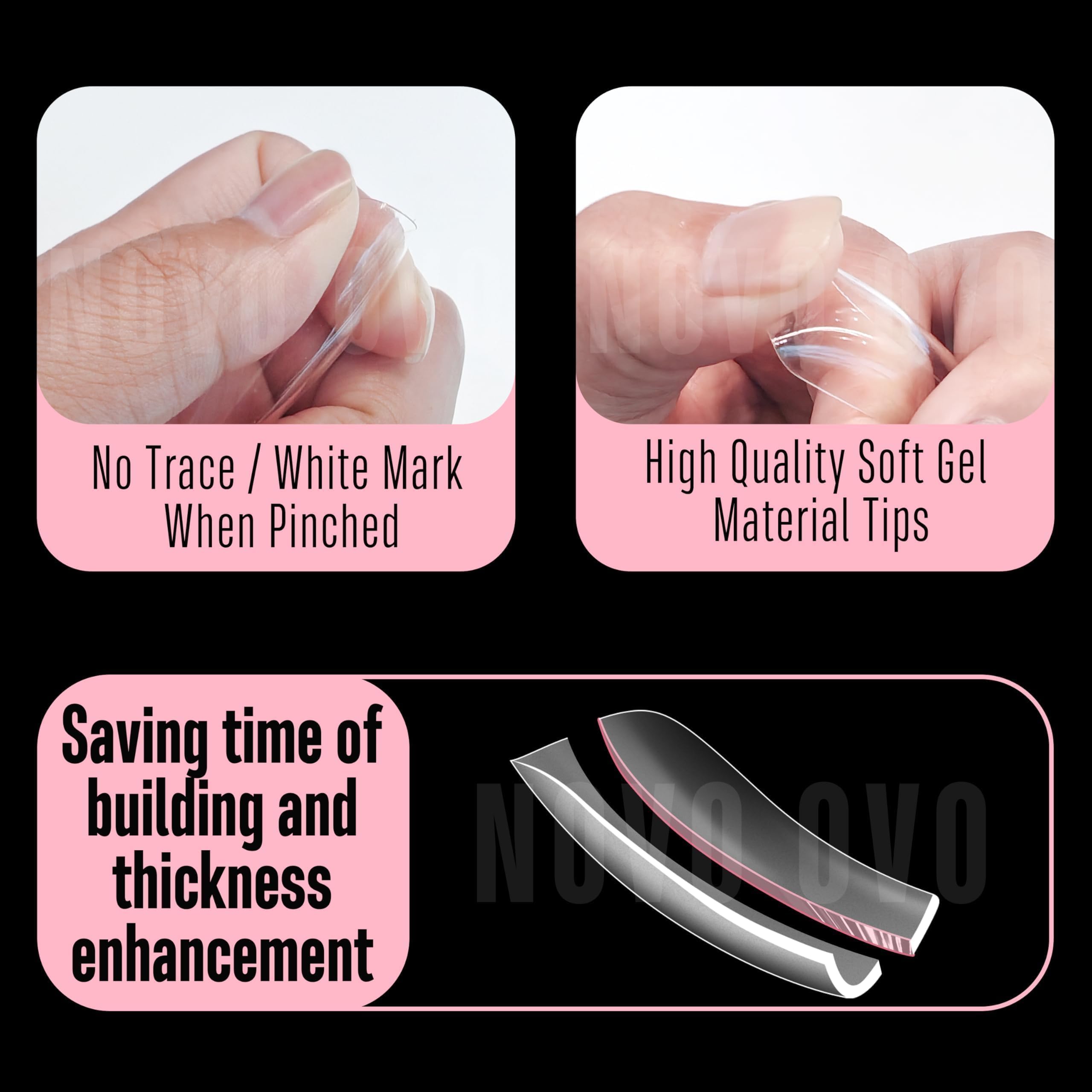NOVO OVO curved tips shown with gel, acrylic, and dip powder compatibility.
