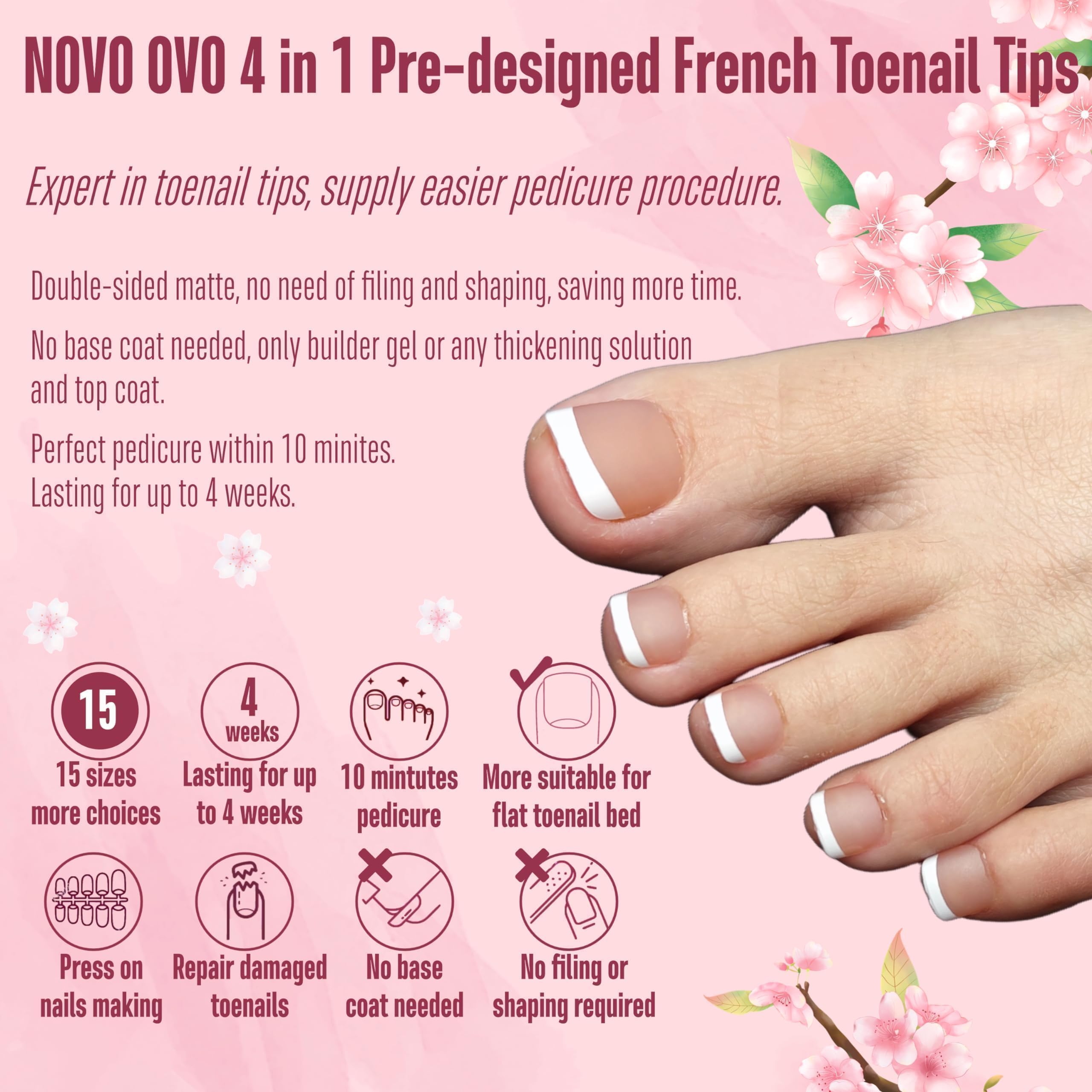 NOVO OVO pedicure tips ready for quick application with gel or glue.
