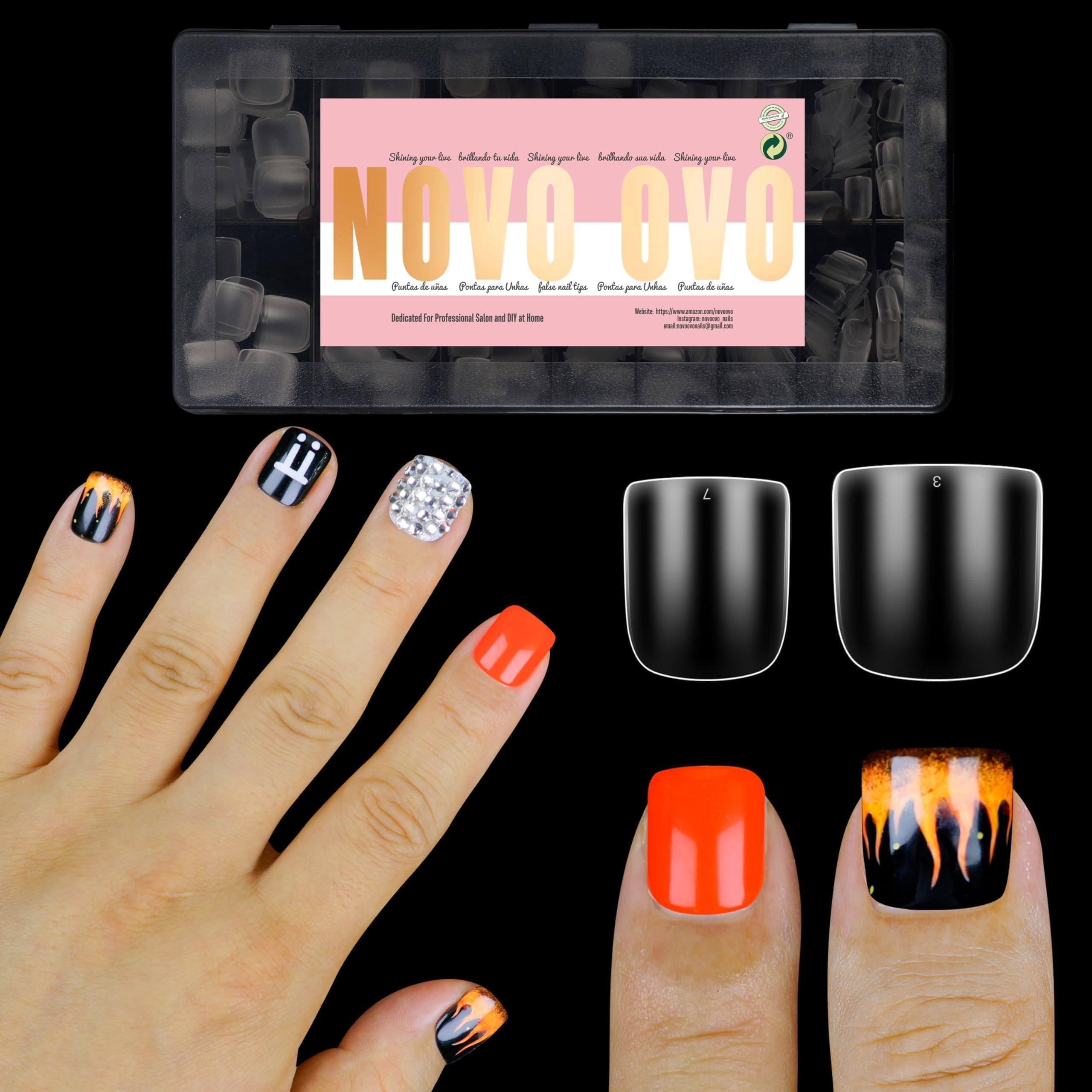 NOVO OVO extra-short nail tips with matte finish for comfortable thumb fit.