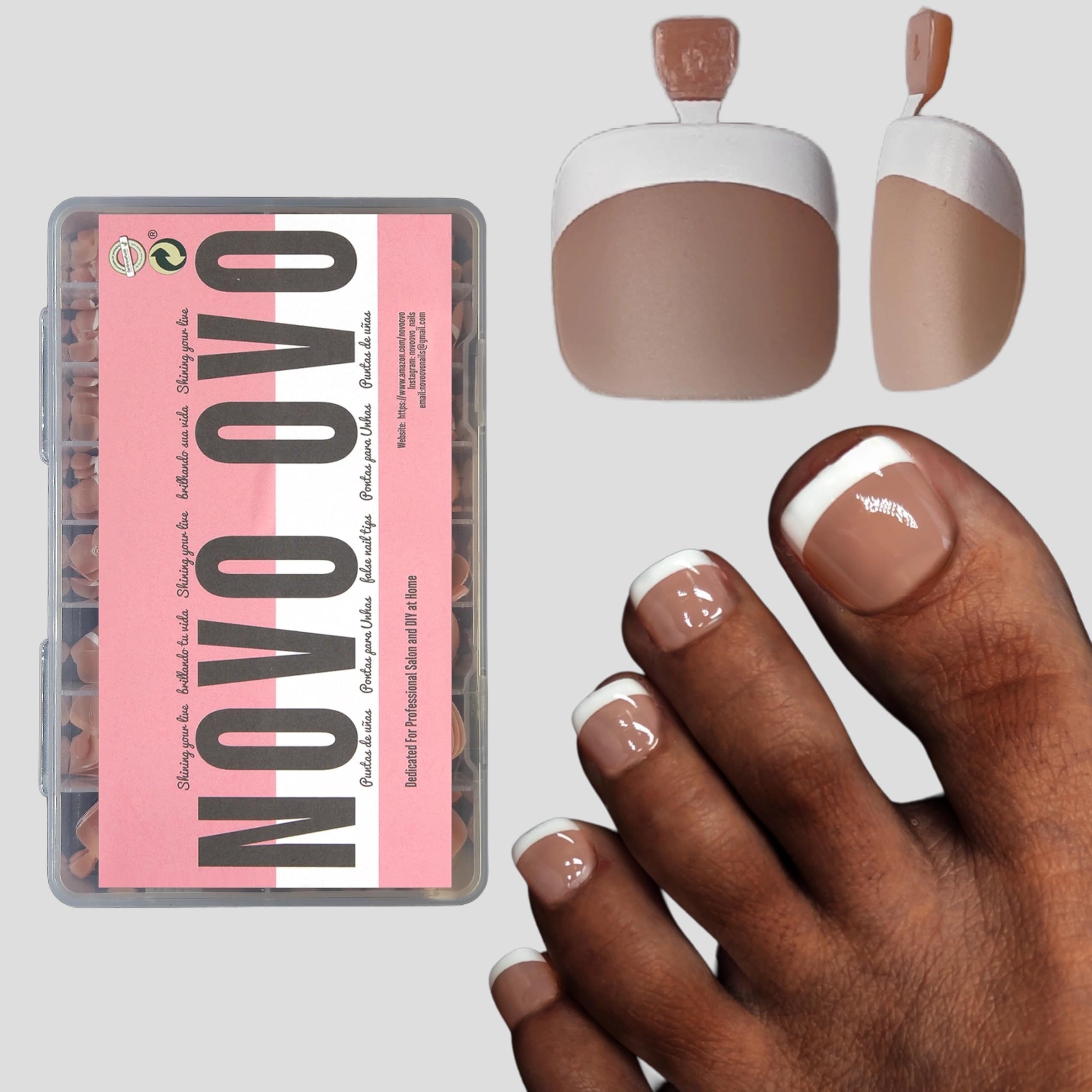 NOVO OVO fake toe nail tips with primer and base coat for easy French pedicure.
