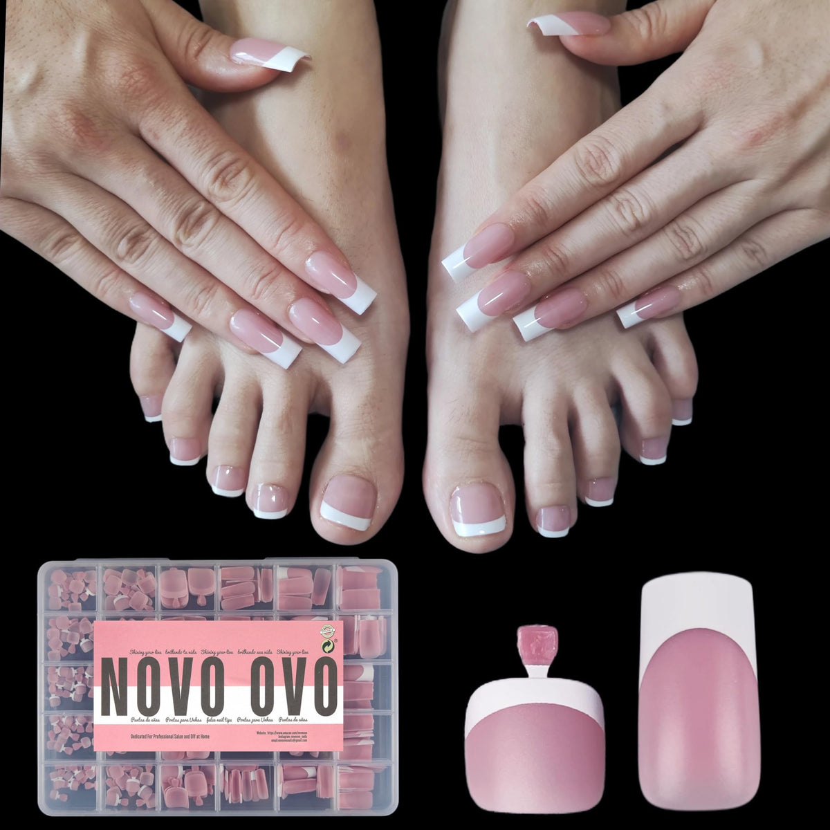 NOVO OVO French Tip nails set on fingers with berry pink tips for a polished daily manicure