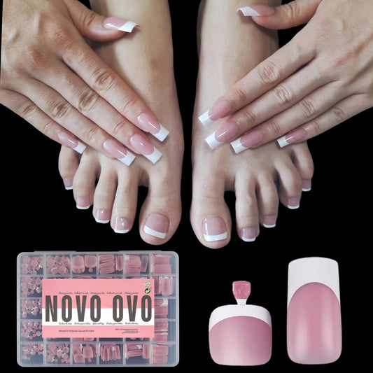 NOVO OVO French Tip nails set on fingers with berry pink tips for a polished daily manicure