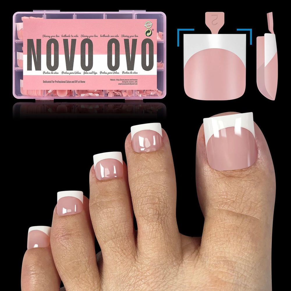 NOVO OVO French Tip Toe Nails Kit showing pre-designed tips for quick salon-like pedicures.