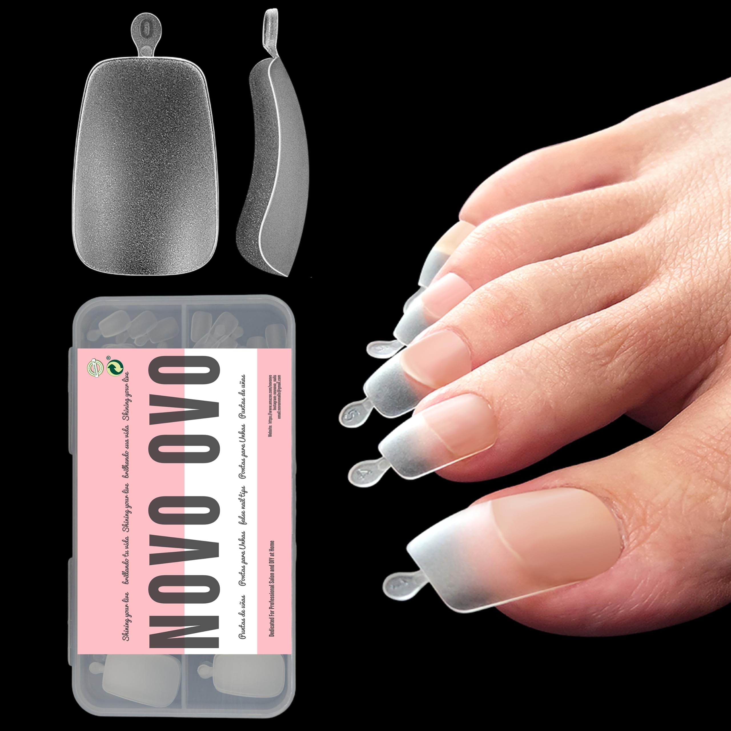 NOVO OVO long curved toe tips shown for glamorous pedicures with open-toe wear.