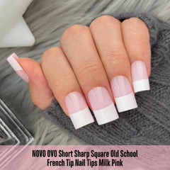 NOVO OVO milky pink soft gel tips shown for a salon-like press-on finish.
