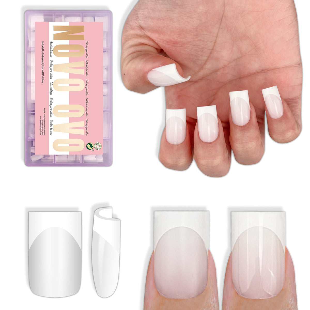 NOVO OVO milky white short sharp square French tip nails for salon-quality manicure