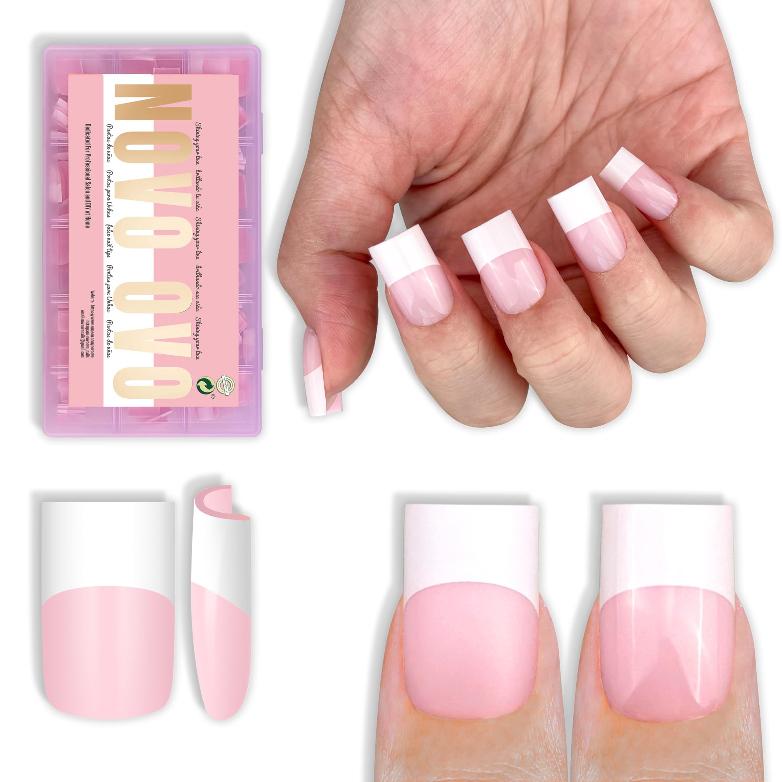 NOVO OVO old-school white French tip nails in short square shape for quick DIY manicure.