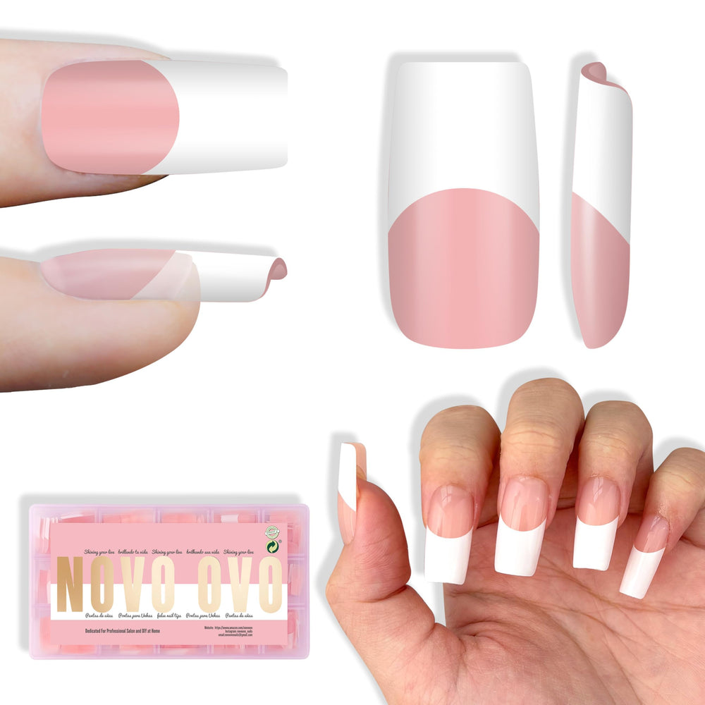 NOVO OVO old-school wide white French tip nails on hand for quick manicure