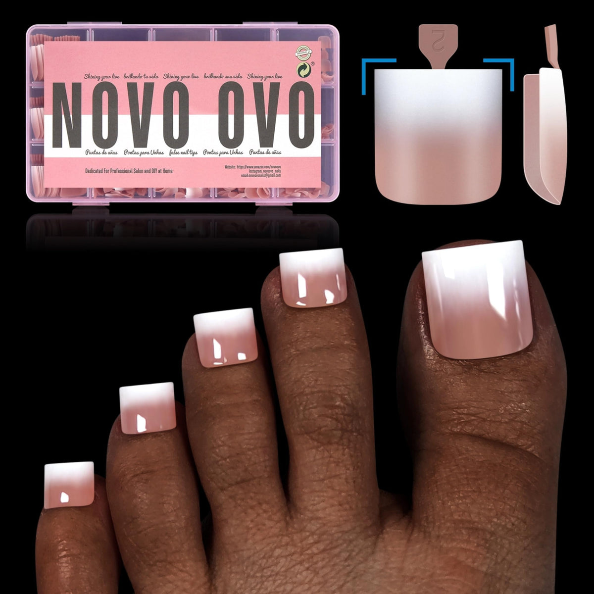 NOVO OVO Ombre French Tip toe nails with pre-applied base coat for quick pedicures.
