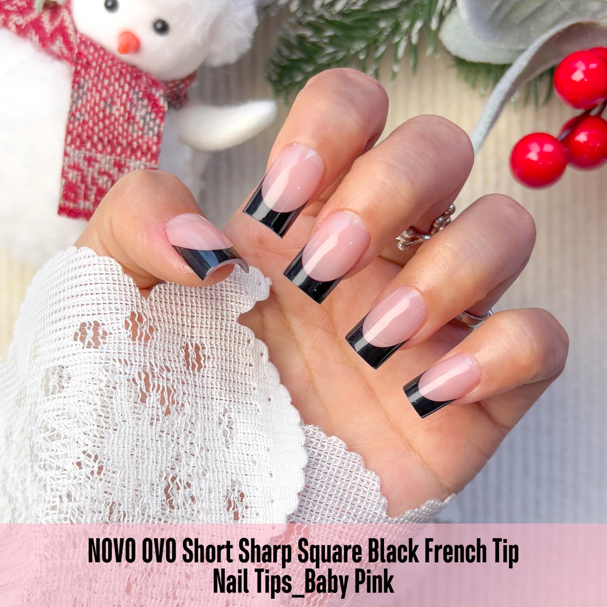 NOVO OVO short sharp square nails during application for at-home manicure