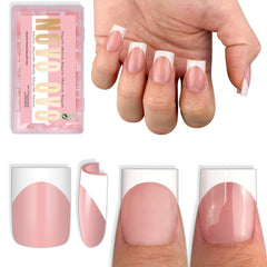 NOVO OVO short sharp square white French tip press-on nails for quick salon-ready manicure.