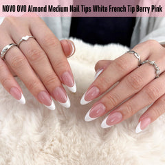 NOVO OVO white French tip almond nail tips berry pink with extra thickness for durability.