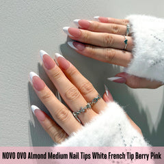 NOVO OVO white French tip almond nail tips berry pink sized for diverse nail beds.