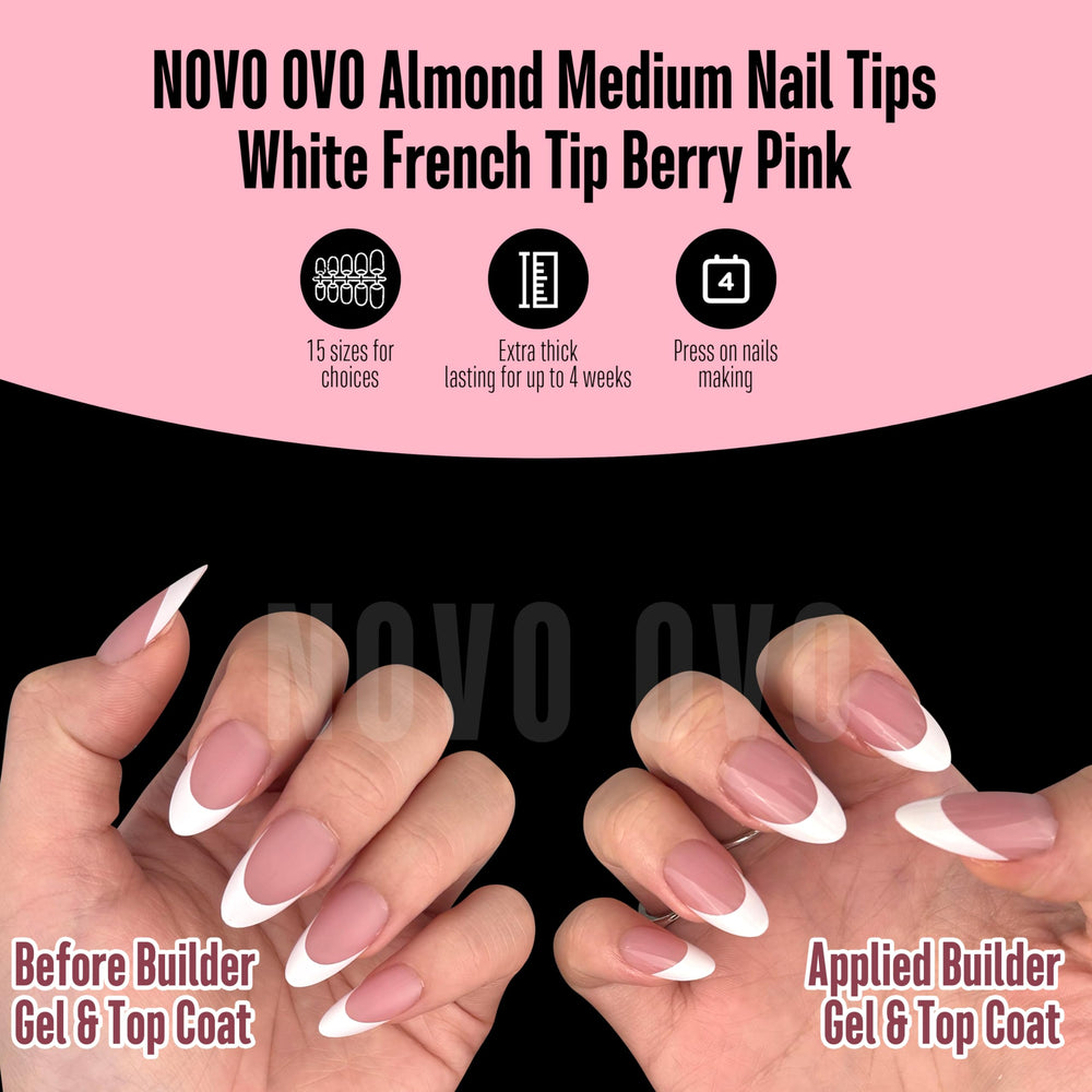 NOVO OVO white French tip almond nail tips berry pink compatible with builder gel and top coat.