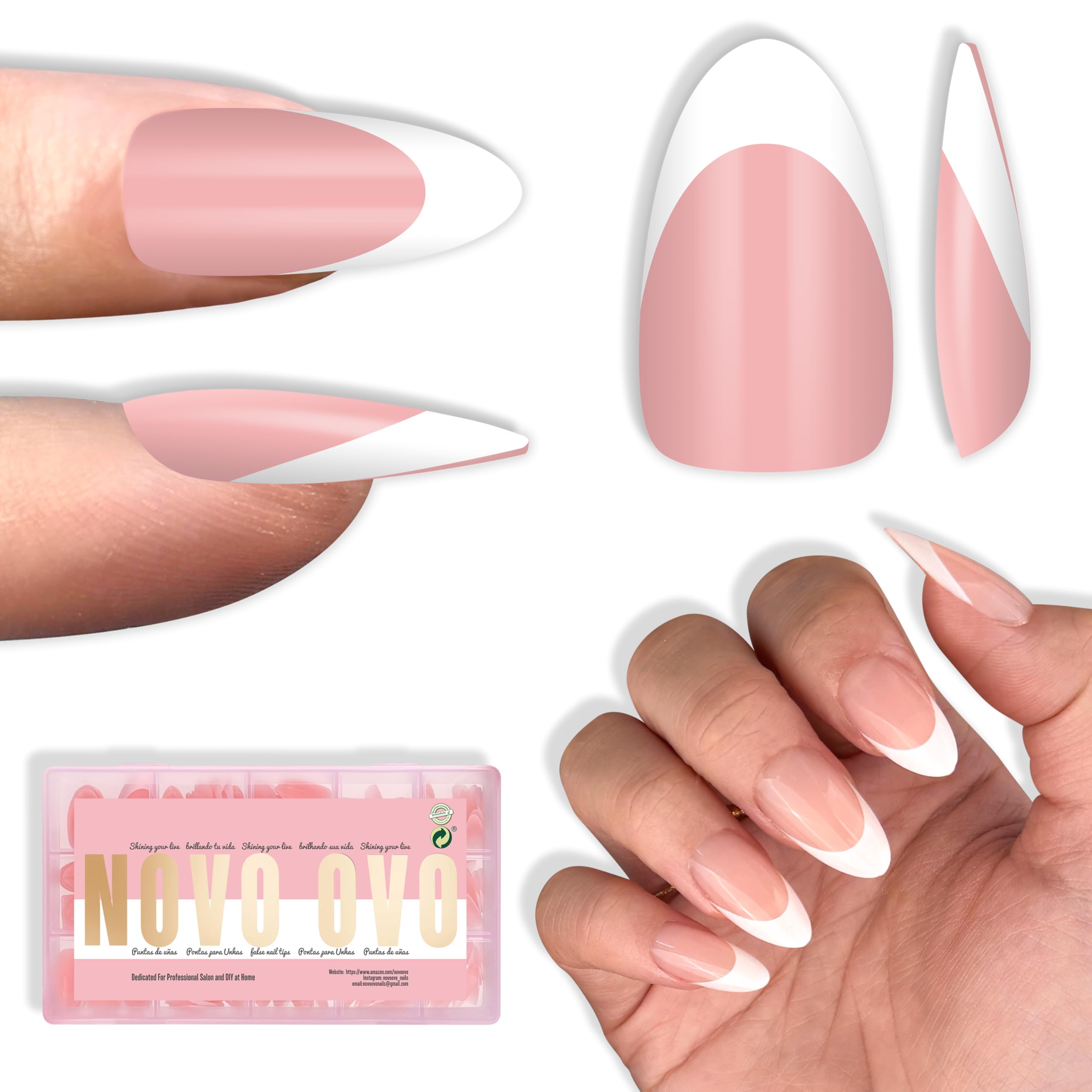 NOVO OVO white French tip almond nails baby pink for DIY salon-quality manicure