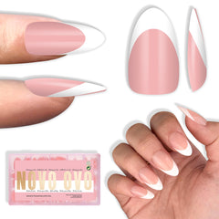 NOVO OVO white French tip almond nails baby pink for DIY salon-quality manicure