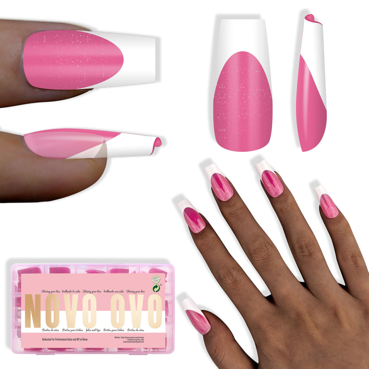 NOVO OVO white French tip coffin nails in rose pink for quick at-home manicures.