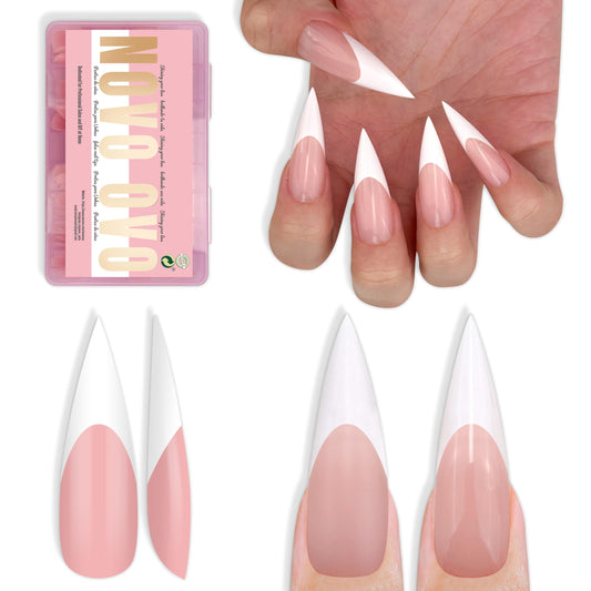 NOVO OVO white French tip long XL sharp stiletto nails in baby pink for quick at-home manicures.